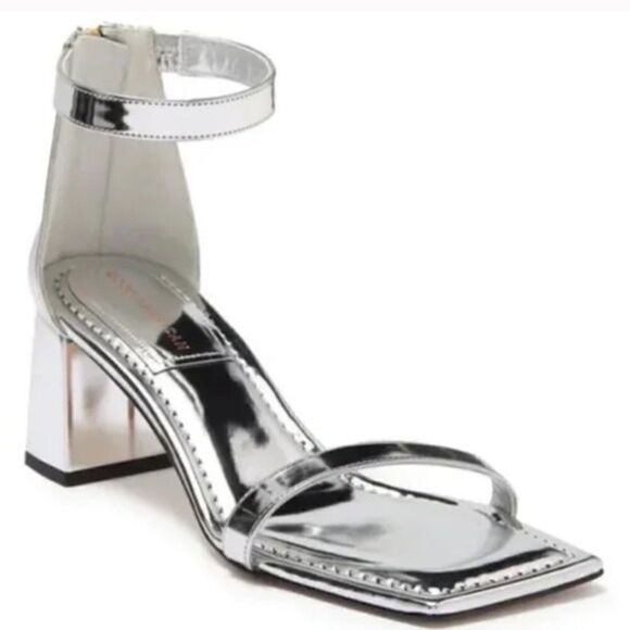 Revolve Good American Block Heel Square Toe Metallic Silver Sandals, size 9 - Picture 1 of 9